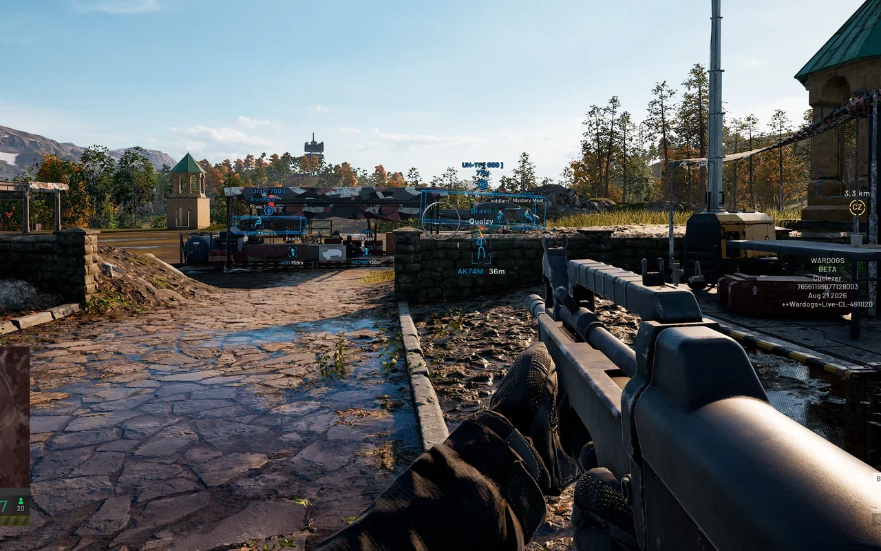 WARDOGS ESP showing enemies and a helicopter labelled by team colour with distances