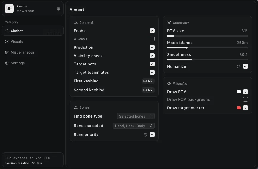 The Arcane WARDOGS cheat menu showing aimbot settings including FOV, max distance, smoothness and bone priority
